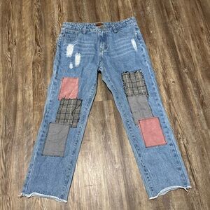 POL Patchwork Cropped Jeans Women's Medium Frayed Hem Relaxed Fit Denim